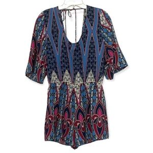 Yetts Los Angeles Womans M Blue Ikat Boho Rustic‎ Western Open Back Short Romper